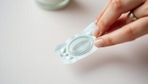 A close-up view of a hand carefully peeling open the packaging of a thin, translucent 0.01 mm condom. The hand, wearing a simple ring, is positioned above a clean, solid color surface, emphasizing the delicate action of tearing the wrapper. Soft, diffused lighting highlights the contours of the packaging and the hand's fingertips, showcasing a meticulous technique to avoid tearing the condom itself. In the background, a subtle, blurred hint of a safe, hygienic environment, suggesting cleanliness and care, enhances the focus on the action. The mood is serene and informative, promoting a sense of responsibility and attention to detail.