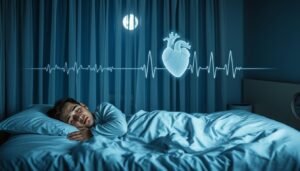 A serene bedroom scene at night, softly illuminated by gentle moonlight filtering through sheer curtains. In the foreground, a sleeping person in modest pajamas is depicted on a cozy bed, with a worried expression, experiencing snoring, represented by subtle sound waves visualized above. In the middle ground, an ethereal representation of a heart and ECG waveform is intertwined with snoring waves, symbolizing the connection between snoring and nighttime arrhythmia, depicted in calming colors like pale blue and soft white. The background features a subtle silhouette of a clock showing late night hours, reinforcing the nocturnal setting. The overall mood is tranquil yet slightly tense, capturing the serious health implications while remaining visually engaging.