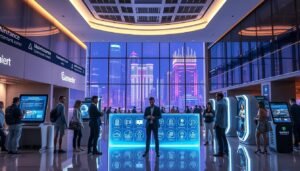 A sleek, modern lobby of a futuristic gaming city, illuminated by soft, ambient lighting that highlights digital screens displaying maintenance notifications. In the foreground, a diverse group of gamers in professional business attire are engaging with an interactive holographic interface, showcasing how the system guides them to alternative entertainment areas. The middle ground features sleek, digital kiosks with clear, visually appealing icons representing different entertainment options. The background reveals a high-tech architectural design of the gaming city, with large glass windows overlooking a vibrant, neon-lit urban landscape at night. The atmosphere is a blend of excitement and curiosity, with a focus on technological advancement and connectivity. The scene is visually balanced and invites a sense of exploration within this innovative gaming environment.
