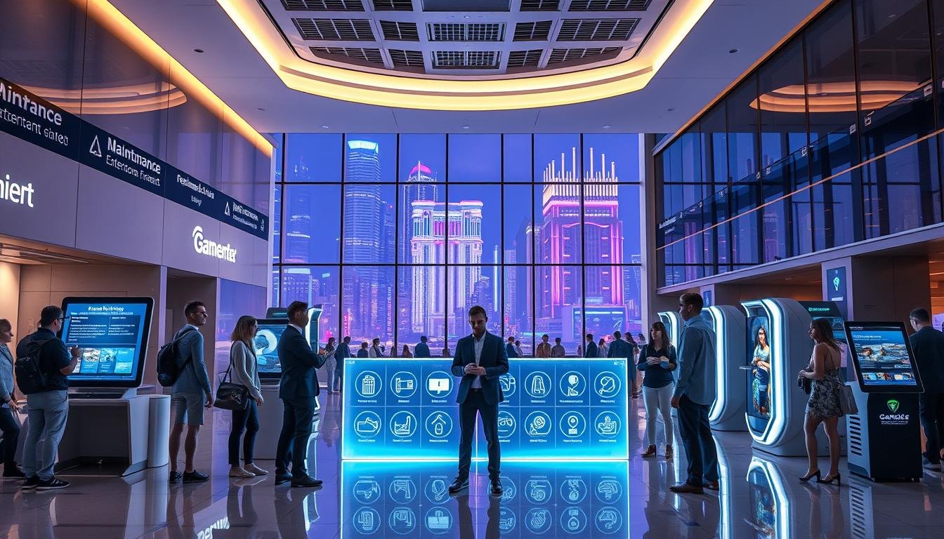 A sleek, modern lobby of a futuristic gaming city, illuminated by soft, ambient lighting that highlights digital screens displaying maintenance notifications. In the foreground, a diverse group of gamers in professional business attire are engaging with an interactive holographic interface, showcasing how the system guides them to alternative entertainment areas. The middle ground features sleek, digital kiosks with clear, visually appealing icons representing different entertainment options. The background reveals a high-tech architectural design of the gaming city, with large glass windows overlooking a vibrant, neon-lit urban landscape at night. The atmosphere is a blend of excitement and curiosity, with a focus on technological advancement and connectivity. The scene is visually balanced and invites a sense of exploration within this innovative gaming environment.