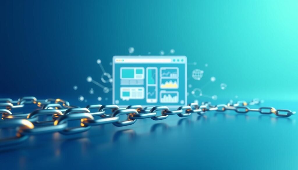 A visually engaging illustration depicting the fundamental concept of backlinks, presented in a professional and educational context. In the foreground, a stylized 3D model of interlinked chains or arrows representing backlinks, glowing subtly to emphasize connectivity. In the middle, an abstract representation of a website layout, showing various pages interconnected by these links, with digital elements like server icons and web analytics graphs subtly integrated. The background features a gradient of soft blue and green tones to create a serene and focused atmosphere, suggesting growth and innovation. The lighting is bright yet soft, casting gentle shadows to enhance the 3D effect. The angle is slightly elevated, allowing viewers to feel immersed in the digital landscape while maintaining a clear view of the concepts illustrated.