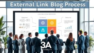A visually engaging infographic illustrating the "External Link Building Process". In the foreground, a diverse group of professionals in business attire collaborates around a large digital screen displaying flowcharts and diagrams related to link building strategies. In the middle, a series of interconnected blocks symbolizing each step of the process: Research, Outreach, Creation, and Analysis, depicted with accompanying icons like magnifying glasses and charts. The background features a modern office setting with bright lighting, large windows revealing a cityscape, and greenery for a fresh atmosphere. The mood is dynamic and focused, emphasizing teamwork and strategy. Include the brand name "3A" seamlessly integrated into the design without text overlays.