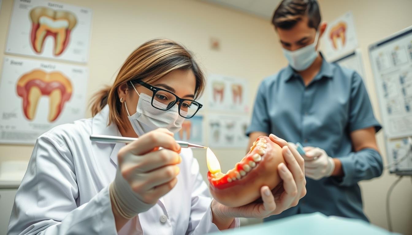 A close-up view of a dental professional carefully examining an impacted wisdom tooth in a well-lit dental clinic. The dentist, a middle-aged Asian woman in a white coat, holds a dental mirror and probe, focusing intently on the tooth as an assistant nearby prepares dental instruments. In the background, there are anatomical posters of teeth and dental charts on the wall, creating an educational atmosphere. The lighting is bright and clinical, emphasizing cleanliness and professionalism. The mood is serious yet compassionate, capturing the urgency of handling dental emergencies with a caring approach. No text or distractions, just a clear depiction of dental care in action.