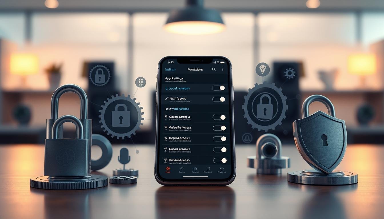 A detailed concept art illustration showcasing a 3A entertainment app interface designed for iOS, placed on a sleek Apple device surrounded by symbols of privacy and security, such as locks and shields. The foreground emphasizes the app interface, which displays various permissions settings, including toggles and icons for location, notifications, and camera access. In the middle ground, subtle elements like gears and circuit patterns symbolize technological adjustments for compliance. The background features a soft-focus ambiance of a professional workspace with a modern feel, illuminated by soft, diffused lighting to create a calming atmosphere. The overall mood conveys a sense of trust and security, highlighting the importance of privacy in app development without any text or watermarks.