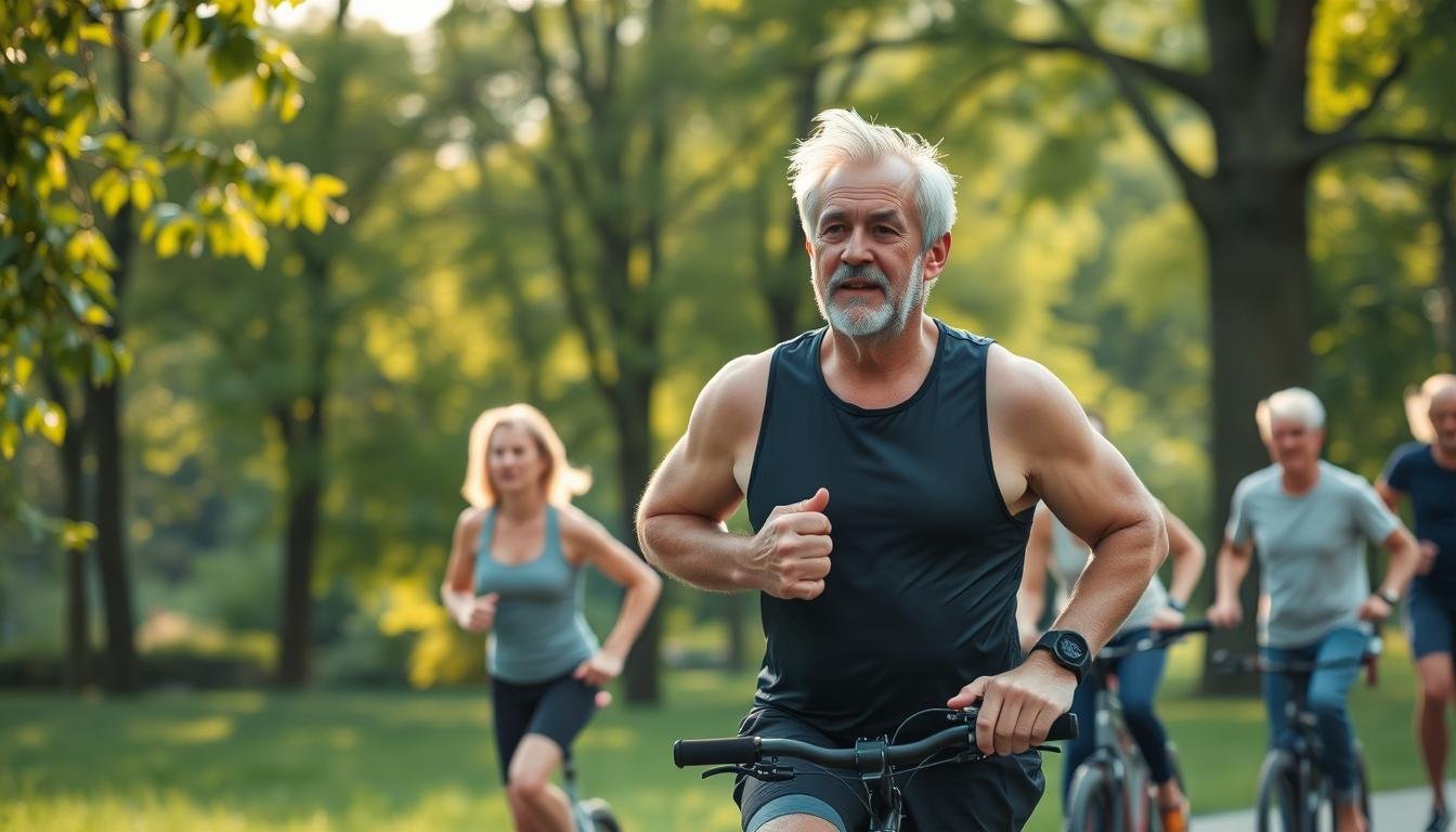 A dynamic scene depicting a middle-aged man engaging in aerobic exercise, such as jogging or cycling, in a lush, green park during early morning. The foreground features him in modest athletic wear, focusing on his determined expression and strong physique, symbolizing vitality and strength. In the middle ground, other individuals of various ages are seen participating in similar activities, fostering a sense of community and health. The background showcases soft sunlight filtering through the trees, creating a warm and invigorating atmosphere. The image captures movement, energy, and positivity, promoting the idea of fitness as a natural enhancer of well-being. The lighting should be bright yet soft, enhancing the mood of vitality and encouragement in a harmonious, outdoor setting.