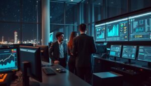 A modern, tech-inspired control room showcasing the automated review processes of "3A Entertainment." In the foreground, a sleek workstation with multiple monitors displaying graphs, data analytics, and alert notifications. A diverse group of three professionals in business attire are collaborating, focusing on a screen that highlights a data dashboard. The middle ground features sophisticated machinery and high-tech equipment, emphasizing an advanced automated system. The background should depict large glass windows revealing a starry night sky, indicating late-night operations. Soft, ambient lighting enhances the high-tech atmosphere, while illuminated screens create a sense of urgency. The overall mood conveys professionalism and efficiency, suitable for a finance and risk management context.