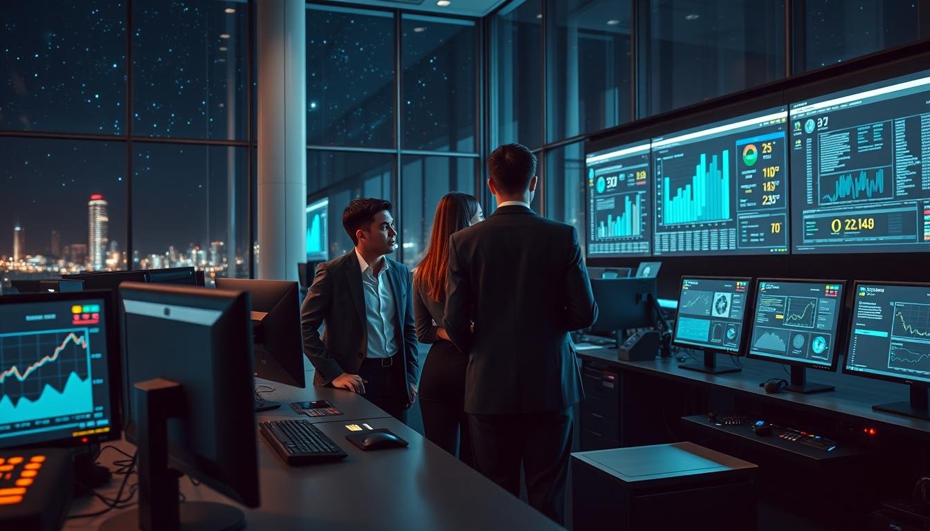A modern, tech-inspired control room showcasing the automated review processes of "3A Entertainment." In the foreground, a sleek workstation with multiple monitors displaying graphs, data analytics, and alert notifications. A diverse group of three professionals in business attire are collaborating, focusing on a screen that highlights a data dashboard. The middle ground features sophisticated machinery and high-tech equipment, emphasizing an advanced automated system. The background should depict large glass windows revealing a starry night sky, indicating late-night operations. Soft, ambient lighting enhances the high-tech atmosphere, while illuminated screens create a sense of urgency. The overall mood conveys professionalism and efficiency, suitable for a finance and risk management context.