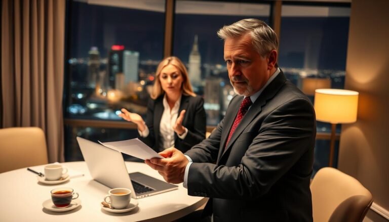A professional business meeting in a well-lit hotel conference room, focusing on a group of three individuals discussing a hotel billing dispute. In the foreground, a middle-aged man in a suit looks concerned as he holds a document, while a woman in business attire gestures emphatically. The middle ground features a round table with a laptop, notepads, and cups of coffee. In the background, a large window reveals nighttime city lights, creating a contrast with the warm indoor lighting, evoking a sense of urgency and professionalism. The atmosphere is tense yet collaborative, emphasizing problem-solving and communication. Capture the tension of the situation while maintaining a respectful portrayal of the individuals involved, ensuring modest and professional attire.