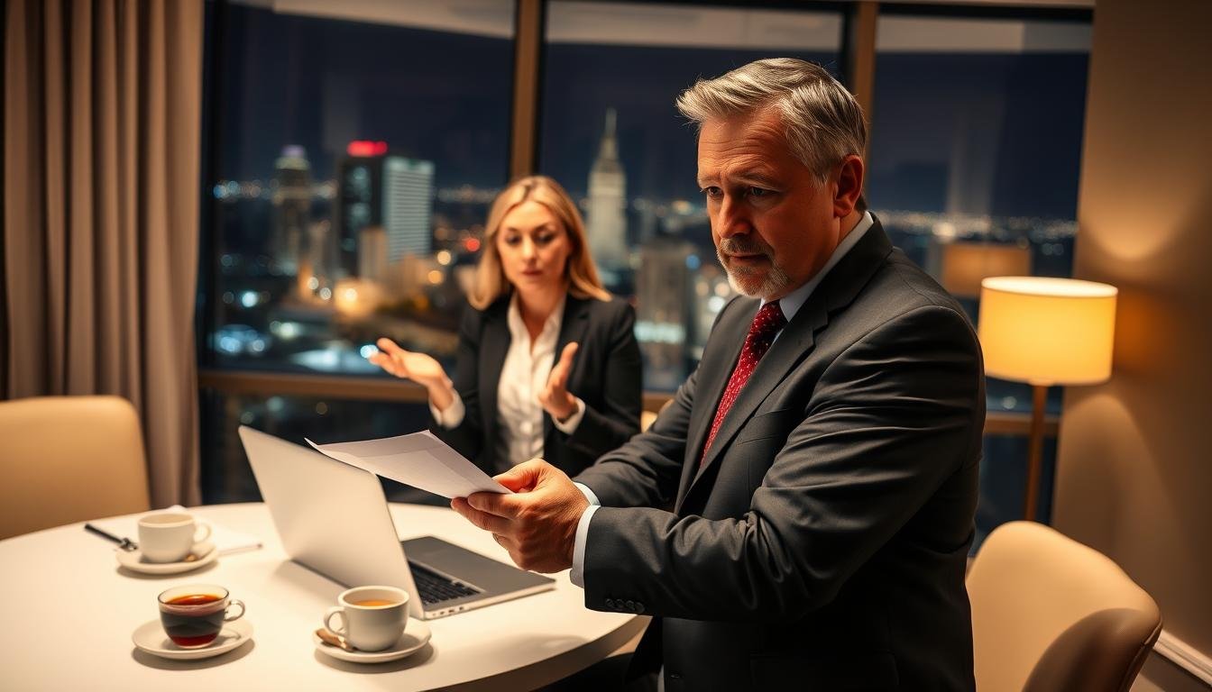 A professional business meeting in a well-lit hotel conference room, focusing on a group of three individuals discussing a hotel billing dispute. In the foreground, a middle-aged man in a suit looks concerned as he holds a document, while a woman in business attire gestures emphatically. The middle ground features a round table with a laptop, notepads, and cups of coffee. In the background, a large window reveals nighttime city lights, creating a contrast with the warm indoor lighting, evoking a sense of urgency and professionalism. The atmosphere is tense yet collaborative, emphasizing problem-solving and communication. Capture the tension of the situation while maintaining a respectful portrayal of the individuals involved, ensuring modest and professional attire.