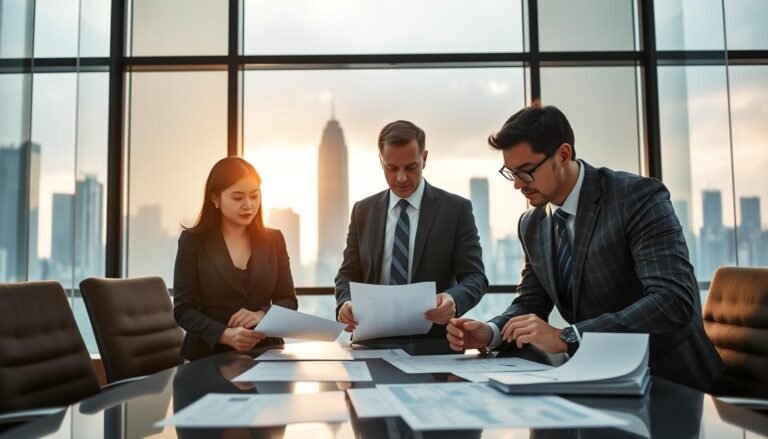 A professional business setting showcasing the importance of audit services for dormant companies. In the foreground, a diverse group of three business professionals, one Asian woman and two Caucasian men, dressed in smart business attire, collaborate over financial documents spread across a sleek conference table. The middle ground features a large window letting in soft natural light, casting a warm glow on the scene, with a cityscape of Hong Kong visible in the background, emphasizing the corporate environment. The overall mood is one of focus and seriousness, with an emphasis on diligence and accountability. The image should convey the concept of auditing as a vital service, even for companies without active operations. Capture a slight depth of field to draw attention to the professionals and documents.