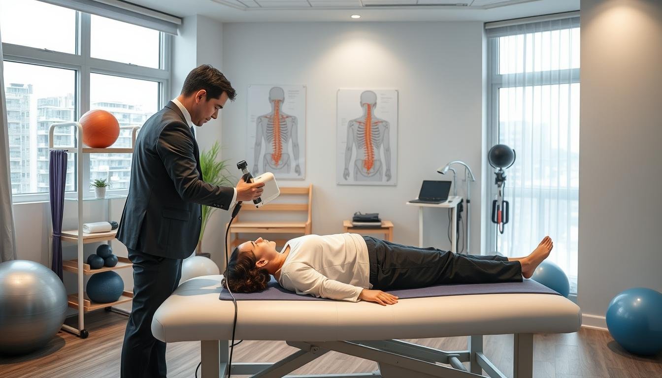 A serene and professional physiotherapy clinic in Wan Chai, showcasing advanced treatment techniques for chronic pain relief. In the foreground, a therapist in smart casual attire is demonstrating a shockwave therapy device on a patient seated comfortably on a massage table. The therapist is focused and attentive, highlighting a personalized approach to care. The middle ground features a variety of physiotherapy equipment, such as exercise balls, resistance bands, and anatomical charts illustrating the spine. In the background, calming light filters through large windows, creating a warm and inviting atmosphere. Soft blue and white tones dominate, promoting a sense of tranquility and healing. The overall mood is one of professionalism, hope, and comfort in a well-equipped environment designed for office workers seeking relief from chronic back pain.
