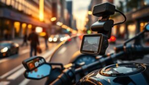 A sleek motorcycle equipped with a high-quality dashcam is parked on a busy city street during the early evening. The foreground features a close-up of the dashcam, highlighting its advanced technology and BSMI certification label. In the middle, the dynamic city life unfolds, with blurred silhouettes of pedestrians and vehicles, portraying a vibrant urban environment. The background showcases illuminated buildings and streetlights, creating a warm, inviting atmosphere. The scene is bathed in soft, golden-hour lighting, enhancing the sense of safety provided by the dashcam. The overall mood conveys confidence and security, emphasizing the importance of advanced safety technology in motorcycle riding.