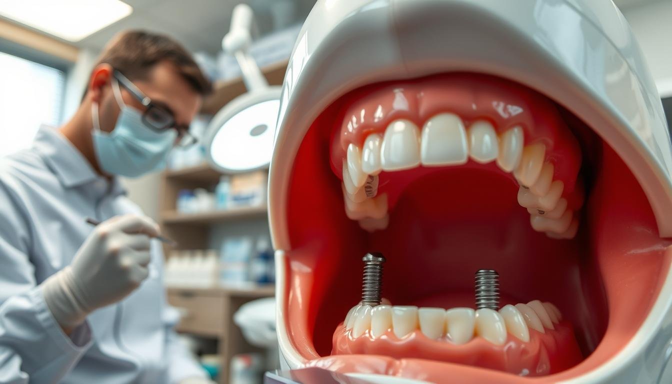 A well-lit dental clinic setting, focusing on an open mouth with an emphasis on dental implants surrounded by healthy gums. In the foreground, a dentist in professional attire gently inspects the dental implants using specialized tools. The dentist is positioned to the left, illuminated by a soft overhead light that enhances the cleanliness of the clinical environment. In the middle ground, a close-up view showcases a detailed dental model of the mouth displaying proper alignment of implants and braces, highlighting maintenance techniques. The background features shelves stocked with dental care products, creating an organized and inviting atmosphere. The overall mood is professional and reassuring, emphasizing the importance of oral health maintenance after implant surgery.