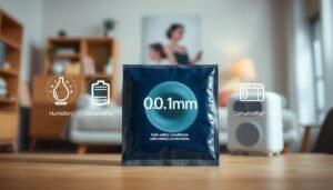 A clean, organized display of a 0.01mm safety condom pack, positioned prominently in the foreground. Surround the pack with visual elements representing safe storage conditions, such as a cool, dry environment, with subtle humidifier and dehumidifier icons in the background. Soft, natural lighting creates a calm, informative atmosphere, enhancing the focus on the product. The background features a blurred image of a household setting, emphasizing a tidy space where proper storage practices take place. An angle that highlights the pack's details and storage recommendations is crucial. Aim for a professional and educational mood, ensuring the image reflects the importance of proper maintenance to prevent material aging.