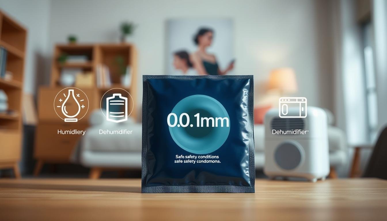A clean, organized display of a 0.01mm safety condom pack, positioned prominently in the foreground. Surround the pack with visual elements representing safe storage conditions, such as a cool, dry environment, with subtle humidifier and dehumidifier icons in the background. Soft, natural lighting creates a calm, informative atmosphere, enhancing the focus on the product. The background features a blurred image of a household setting, emphasizing a tidy space where proper storage practices take place. An angle that highlights the pack's details and storage recommendations is crucial. Aim for a professional and educational mood, ensuring the image reflects the importance of proper maintenance to prevent material aging.