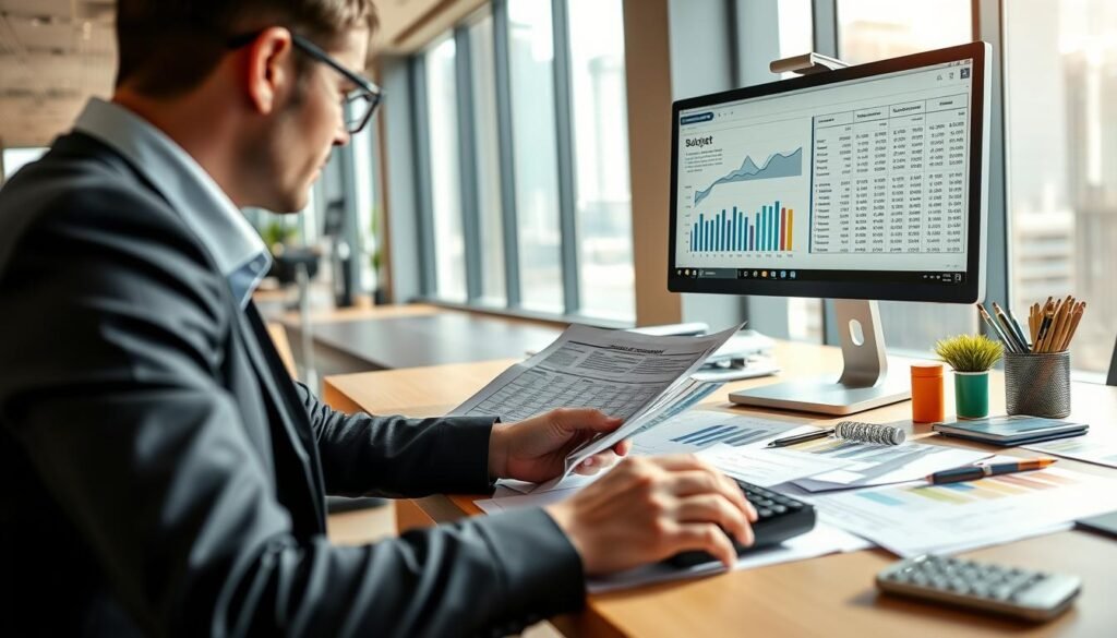 A detailed financial budget plan for starting an unlimited company in Hong Kong, featuring an organized workspace with a computer displaying a graph and spreadsheets. In the foreground, a focused professional in business attire analyzes financial documents, including cost breakdowns and projected expenses. In the middle ground, a well-organized table filled with office supplies, colorful charts, and a calculator. The background showcases a modern office environment with large windows letting in natural light, casting soft shadows. The overall atmosphere should convey a sense of professionalism, clarity, and financial diligence, emphasizing the meticulous nature of budget planning in business. The lighting is bright and inviting, with a warm color palette to create a positive mood.