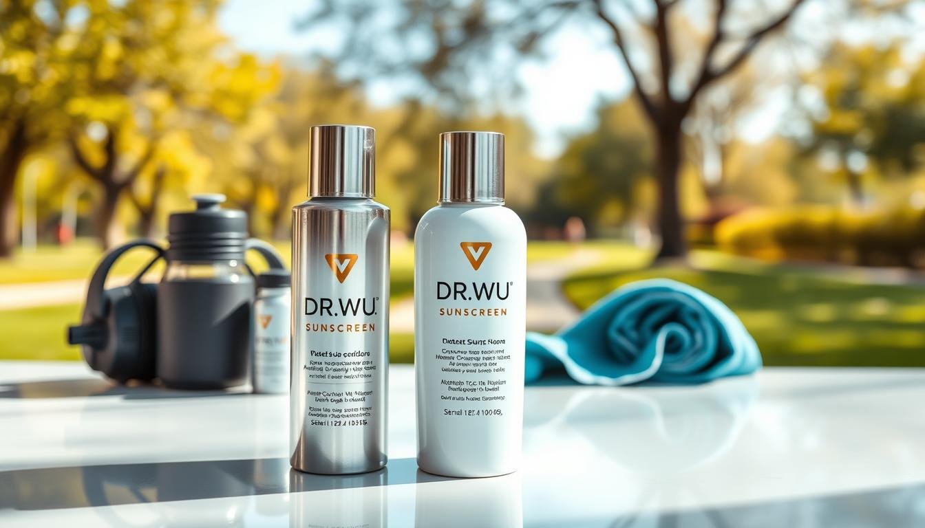 A modern, sleek display of the DR.WU sunscreen products, prominently featuring a bottle of their star product. The foreground showcases the bottle with its elegant design and shiny label, positioned on a clean, reflective surface, with soft natural light highlighting its details. In the middle ground, a backdrop of outdoor activity essentials, such as a sporty water bottle and a towel, suggests an active lifestyle. The background features a blurred view of a sunny park with trees and jogging paths, evoking an inviting atmosphere for outdoor sports. The overall mood is vibrant and energetic, emphasizing the product's suitability for outdoor enthusiasts. The lighting is bright and cheerful, capturing a sunny day.