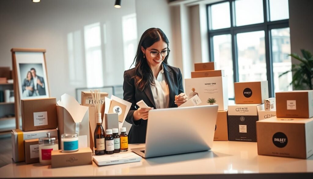 A collection of diverse American shopping services showcased in a stylish, modern office setting. In the foreground, a professional-looking woman in business attire is reviewing various product samples, representing different categories of home fragrance items, such as candles, essential oils, and diffusers. The middle ground features a sleek desk with a laptop displaying an online shopping platform and customer reviews, surrounded by neatly organized packaging boxes labeled with various popular US retail brands. The background shows a large window with soft, natural light filtering through, creating an inviting atmosphere. The overall mood is professional and informative, with a color palette of warm neutrals and pops of vibrant color from the fragrance products. The angle is slightly elevated to capture all elements harmoniously, emphasizing the theme of American shopping services.