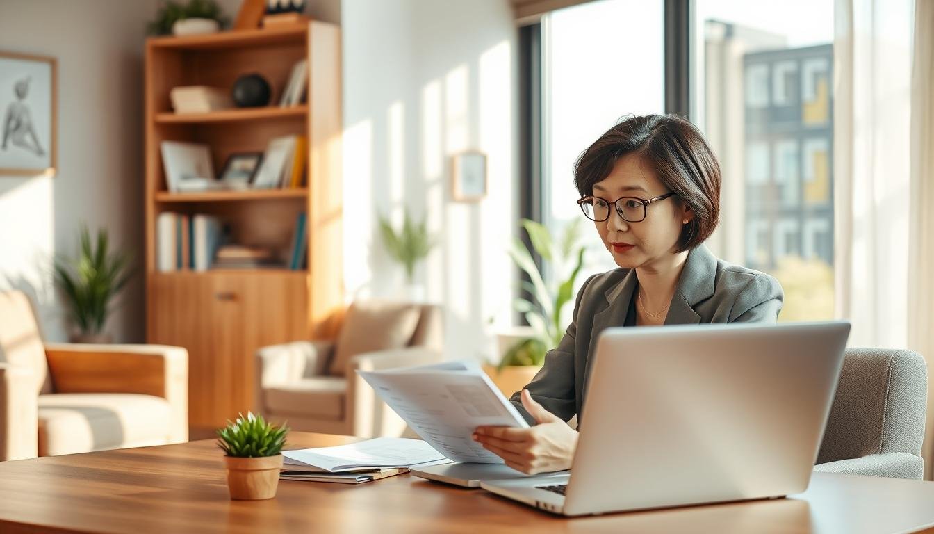A confident psychiatrist in a professional setting, seated at a comfortably arranged consultation room with warm, soothing colors. The foreground includes the psychiatrist, a middle-aged Asian woman in a tailored blazer and glasses, thoughtfully reviewing treatment plans for perinatal depression. On the desk, visible materials like pamphlets, a laptop, and a small plant create an inviting atmosphere. In the middle background, a bookshelf filled with mental health resources and calming decor is visible. Soft, natural light filters through a large window, casting gentle shadows that enhance the serene mood. The overall atmosphere conveys professionalism, empathy, and a focus on effective treatment strategies.