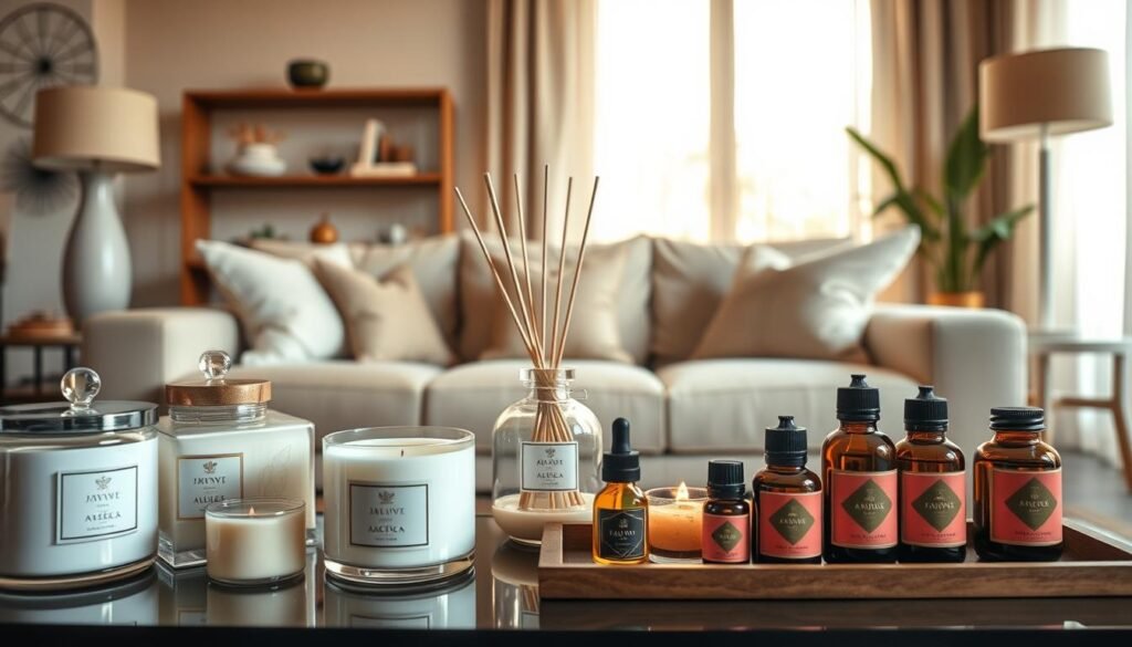 A cozy and inviting living room featuring a variety of American home fragrance products, such as candles, diffusers, and essential oils displayed on a stylish coffee table. The foreground focuses on beautifully designed candle jars and elegant essential oil bottles, arranged aesthetically. In the middle, a plush sofa with soft cushions enhances the comfort of the space. The background showcases a warm, sunlit window with sheer curtains, allowing gentle light to filter in, creating a serene atmosphere. The mood is tranquil and welcoming, ideal for a home fragrance shopping guide. Use soft, natural lighting to enhance the inviting feel, with a slightly blurred background to keep attention on the fragrance products. A wide-angle perspective captures the entire inviting space, emphasizing the charm of American home fragrance shopping.