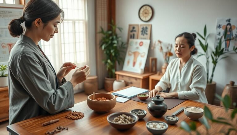 A serene traditional Chinese medicine consultation setting focused on polycystic ovary syndrome (PCOS) diagnosis. In the foreground, a female doctor in modest professional attire uses acupuncture needles and herbs for diagnosis while examining a patient with a calm expression seated at a wooden table. The middle ground features Chinese medicinal herbs, charts of the female reproductive system, and acupuncture equipment laid out neatly. In the background, soft natural light filters through a window, illuminating bamboo plants and traditional Chinese decor, creating a peaceful and healing atmosphere. The scene captures a sense of holistic wellness and attentive care, emphasizing the connection between lifestyle and ovarian health.