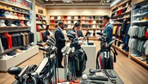 A vibrant, well-lit image showcasing a variety of American golf equipment and sports gear, set in a modern retail environment. In the foreground, display a selection of high-quality golf clubs, bags, and complementary accessories like golf balls and gloves, presented on a sleek display table. In the middle ground, feature attentive, professionally dressed sales representatives assisting customers, highlighting their interactions in a friendly manner. The background should include shelves filled with a diverse range of sports apparel, creating a sense of abundance and choice. Use warm, natural lighting to create an inviting atmosphere, with a slightly blurred background to emphasize the foreground items. The scene captures a bustling shopping experience, reflecting the convenience and excitement of purchasing American sports gear in Taiwan.