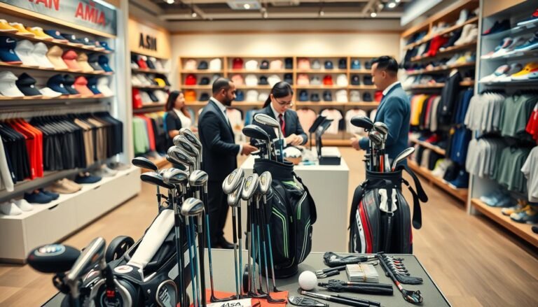 A vibrant, well-lit image showcasing a variety of American golf equipment and sports gear, set in a modern retail environment. In the foreground, display a selection of high-quality golf clubs, bags, and complementary accessories like golf balls and gloves, presented on a sleek display table. In the middle ground, feature attentive, professionally dressed sales representatives assisting customers, highlighting their interactions in a friendly manner. The background should include shelves filled with a diverse range of sports apparel, creating a sense of abundance and choice. Use warm, natural lighting to create an inviting atmosphere, with a slightly blurred background to emphasize the foreground items. The scene captures a bustling shopping experience, reflecting the convenience and excitement of purchasing American sports gear in Taiwan.