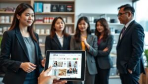A visually striking comparison scene illustrating American purchasing options for Taiwanese consumers. In the foreground, a tablet display showing two contrasting websites: one traditional personal shopping service and another large-scale e-commerce site, both well-designed and user-friendly. In the middle, a diverse group of professionals—female and male—dressed in business attire, engaged in thoughtful discussion about these services, their expressions focused and analytical. The background features a modern office setting, with soft lighting and shelves filled with consumer products. The overall atmosphere should be professional and informative, conveying a sense of trust and reliability in making informed purchasing decisions.