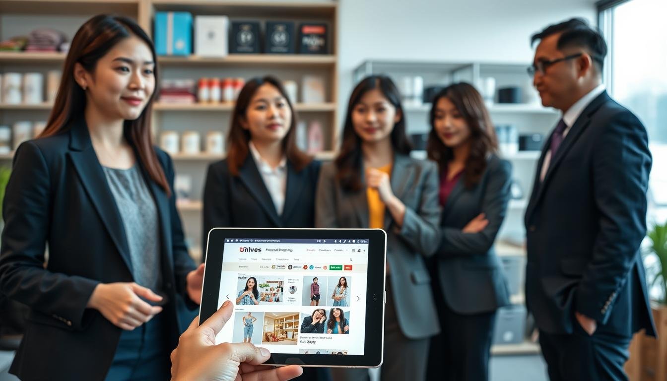 A visually striking comparison scene illustrating American purchasing options for Taiwanese consumers. In the foreground, a tablet display showing two contrasting websites: one traditional personal shopping service and another large-scale e-commerce site, both well-designed and user-friendly. In the middle, a diverse group of professionals—female and male—dressed in business attire, engaged in thoughtful discussion about these services, their expressions focused and analytical. The background features a modern office setting, with soft lighting and shelves filled with consumer products. The overall atmosphere should be professional and informative, conveying a sense of trust and reliability in making informed purchasing decisions.
