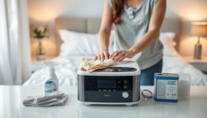 A well-lit, clean, and organized setting that emphasizes the importance of maintaining a sleep apnea machine. In the foreground, showcase a professional-looking sleep apnea machine on a pristine countertop, surrounded by cleaning supplies such as a soft cloth, disinfectant spray, and replacement filters. In the middle ground, include a person wearing modest casual clothing, gently cleaning the machine with focus and care, reflecting attention to detail and hygiene. The background features a soft-focus bedroom environment with warm, inviting lighting to convey comfort and health. The overall atmosphere is calm and reassuring, highlighting the significance of regular maintenance for well-being and functionality.