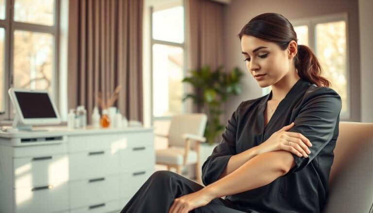 A serene and modern clinic setting focused on post-laser hair removal care. In the foreground, a professional-looking woman in modest, professional attire sits comfortably, examining her smooth skin on her arm, demonstrating satisfaction after treatment. The middle ground showcases an aesthetically pleasing treatment room with clean lines and calming colors, including soft pastels. Medical equipment and skincare products are neatly arranged on a counter. In the background, large windows allow warm, natural light to flood the space, creating a welcoming atmosphere. The image captures a sense of tranquility and self-care. The focus should be sharp on the subject with a slight blur on the background to emphasize the feeling of professional care and relaxation.