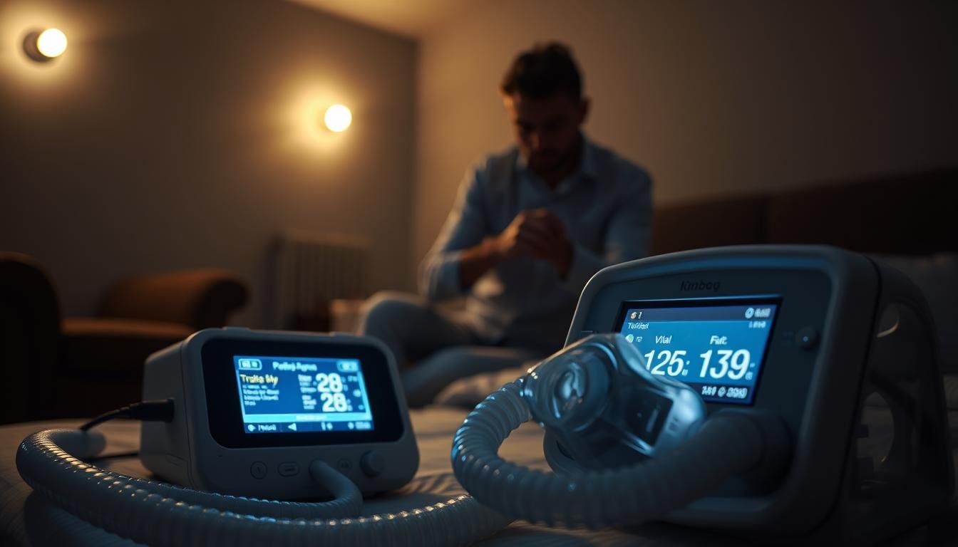 A close-up view of a sleep apnea machine in a dimly lit room during a power outage, focusing on the device's illuminated display showing vital statistics. The foreground features the machine's tubing and mask thoughtfully arranged, emphasizing the importance of continuous therapy. In the middle, a concerned person in modest casual clothing is adjusting the equipment, highlighting a sense of urgency and care. The background shows a dark room with faint outlines of furniture, illuminated only by emergency lights, creating a tense yet hopeful atmosphere. The lighting should be soft and moody, with a focus on the machine, conveying the critical nature of maintaining treatment even during emergencies.